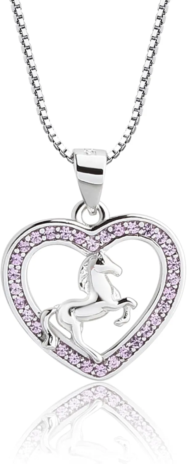 Cherished Moments Girl's Sterling Silver Pink Heart with Horse Necklace Gift for Horse Lovers, Toddlers, Little Girls, Kids, Teens or Women