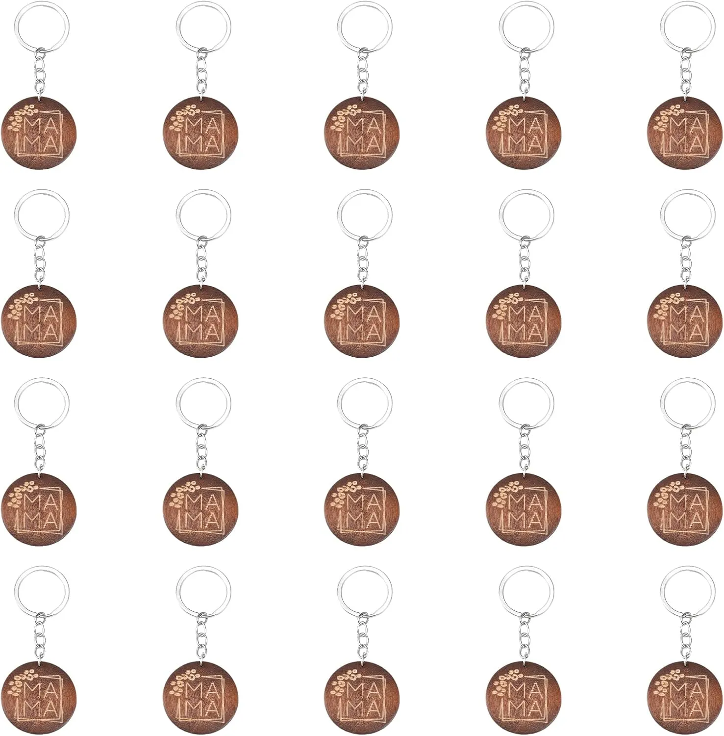 CHGCRAFT 20Pcs Moms- Engraved Wood Key Chain Engraved Wooden Flat Round Pendant Keychains with Iron Finding Key Chain Accessory for Mothers Day Gift, Coconut Brown