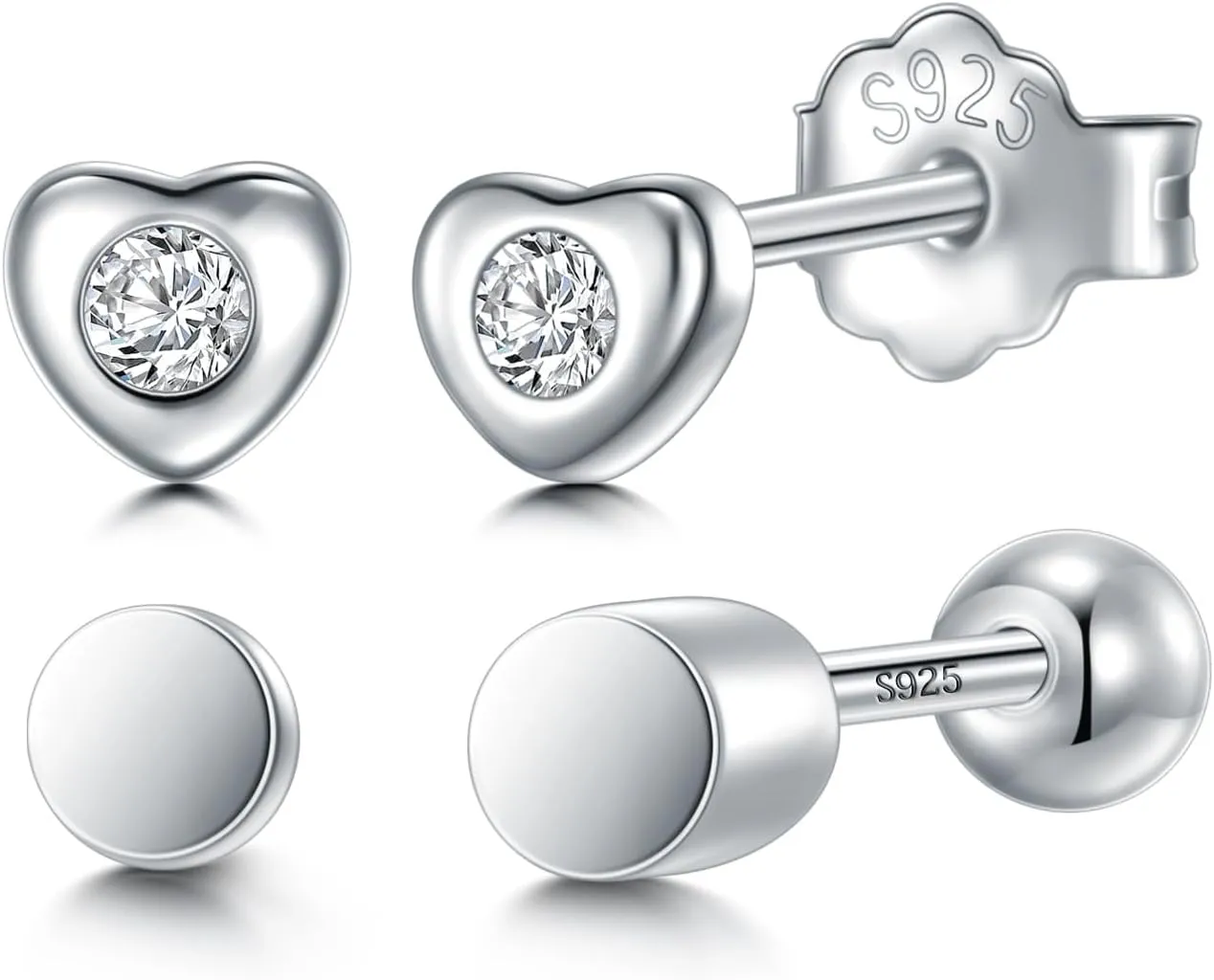 CHIC & ARTSY 2 Pairs Stud Earrings Set,Hypoallergenic 925 Sterling Silver Cubic Zirconia Stud Earrings for Women Dainty Piercing Stud Earrings Set Jewelry