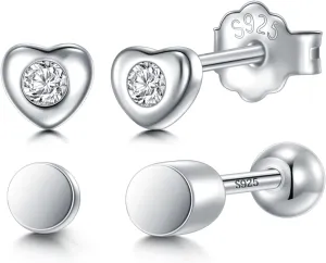 CHIC & ARTSY 2 Pairs Stud Earrings Set,Hypoallergenic 925 Sterling Silver Cubic Zirconia Stud Earrings for Women Dainty Piercing Stud Earrings Set Jewelry