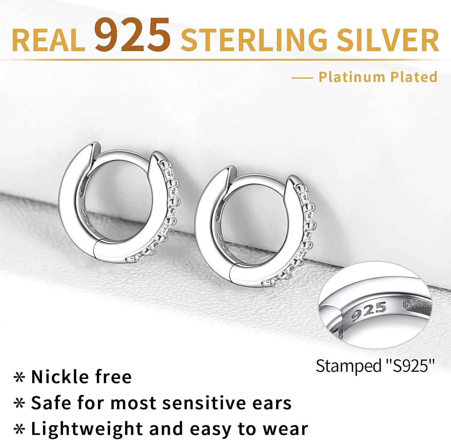 ChicSilver 925 Sterling Silver Small Hoop Earrings for Women Cubic Zirconia Gold Plated Sterling Silver Huggie Hoop Earring Cartilage Earrings Hypoallergenic Lightweight (6mm/8mm/10mm/12mm)