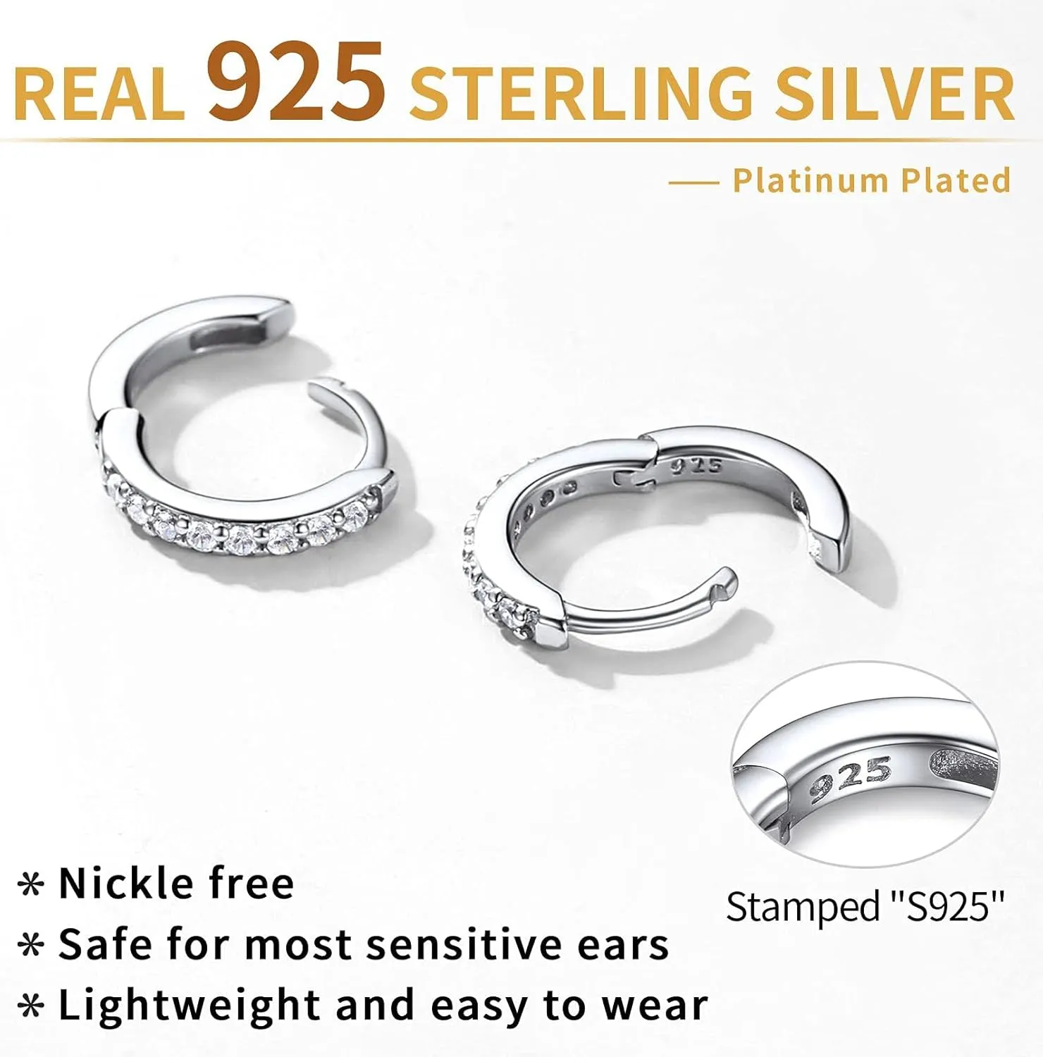 ChicSilver 925 Sterling Silver Small Hoop Earrings for Women Cubic Zirconia Gold Plated Sterling Silver Huggie Hoop Earring Cartilage Earrings Hypoallergenic Lightweight (6mm/8mm/10mm/12mm)