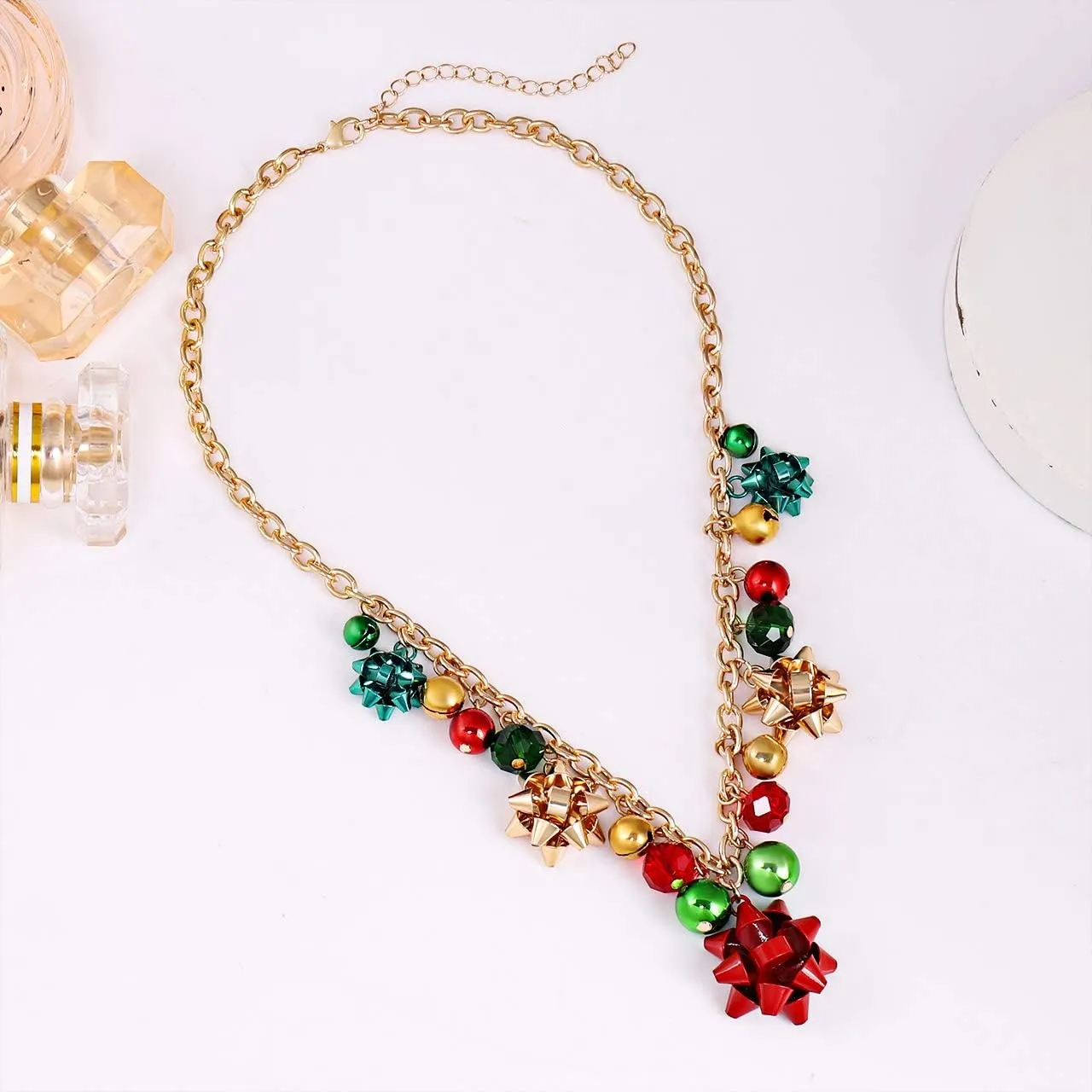 Christmas Necklace X-Mas Jingle Bell Necklaces Present Bow Pendant Necklace Present for Women Girls