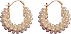 Chunky Basket Pearl Hoop Earrings Gold Plated Vintage Thick Round Shell Pearls Ball Small Lightweight Huggie Hoop Earrings for Women Minimalist Wedding Bridal Christmas Birthday Party Trendy Jewelry Gifts