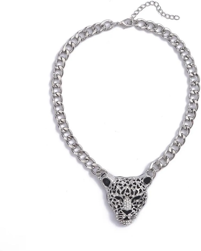 Chunky Cuban Chain Leopard Pendant Choker for Women Men,Animal Cheetah Iced Out Charm Necklace with 14K Gold Plated Link,Faux Diamond Bling Bold Statement Hip Hop Rapper Punk Jewelry