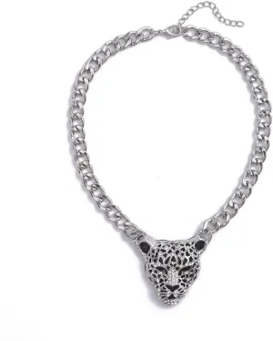 Chunky Cuban Chain Leopard Pendant Choker for Women Men,Animal Cheetah Iced Out Charm Necklace with 14K Gold Plated Link,Faux Diamond Bling Bold Statement Hip Hop Rapper Punk Jewelry