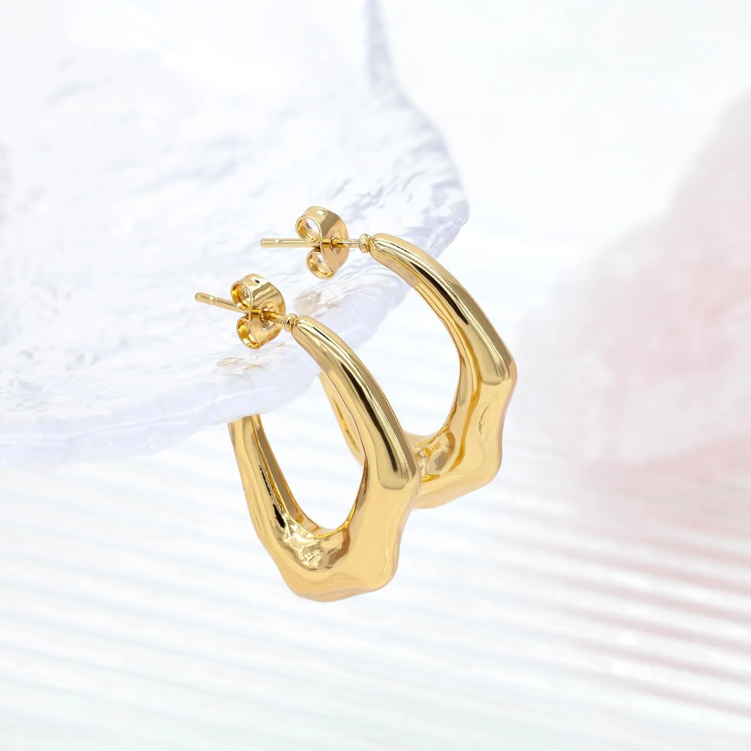 Chunky Drop Earrings for Women 14K Gold Plated Earrings, Lightweight Water-drop Earrings Wide Round Hoop Earrings