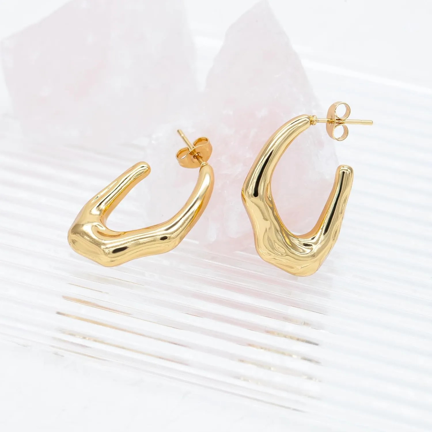 Chunky Drop Earrings for Women 14K Gold Plated Earrings, Lightweight Water-drop Earrings Wide Round Hoop Earrings