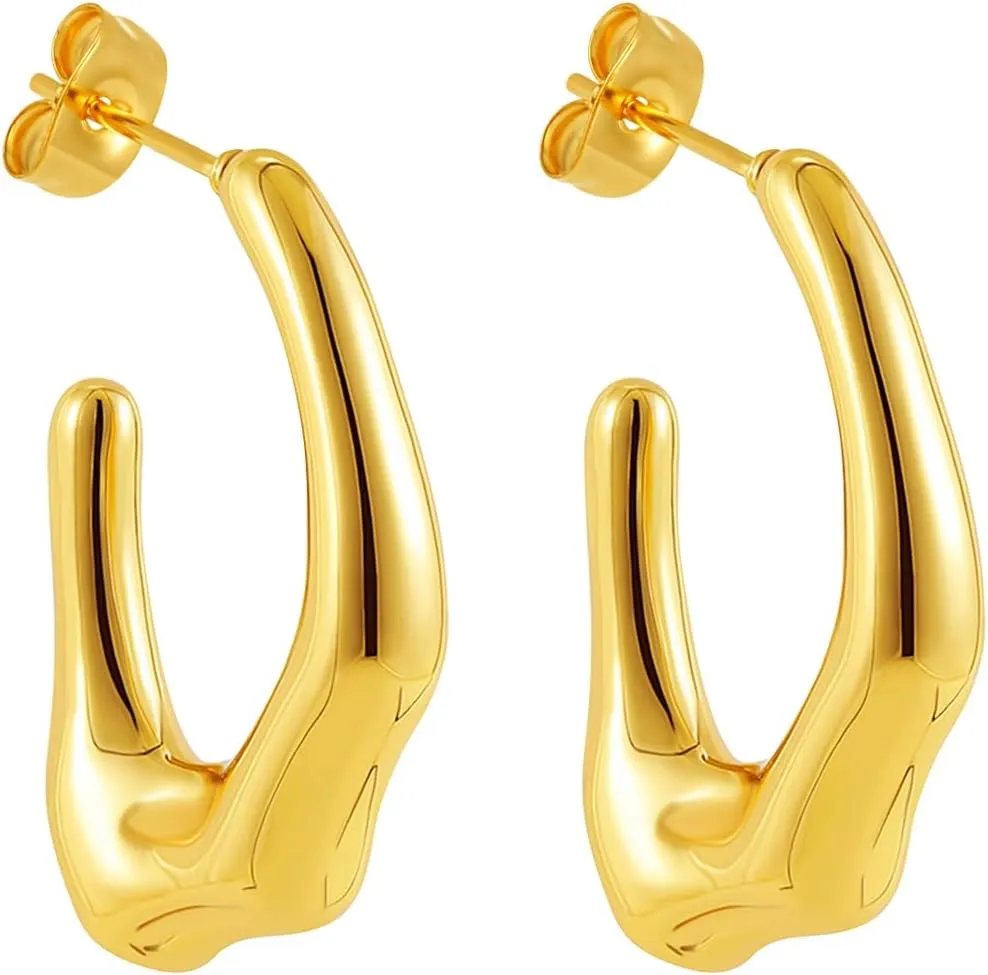 Chunky Drop Earrings for Women 14K Gold Plated Earrings, Lightweight Water-drop Earrings Wide Round Hoop Earrings