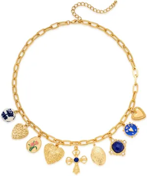 Chunky Gold Cross Necklace for Women, 9-Pendant Fashion Statement Jewelry Cross with Blue Gemstone & Hearts Fantasy Necklace Jewelry Gifts