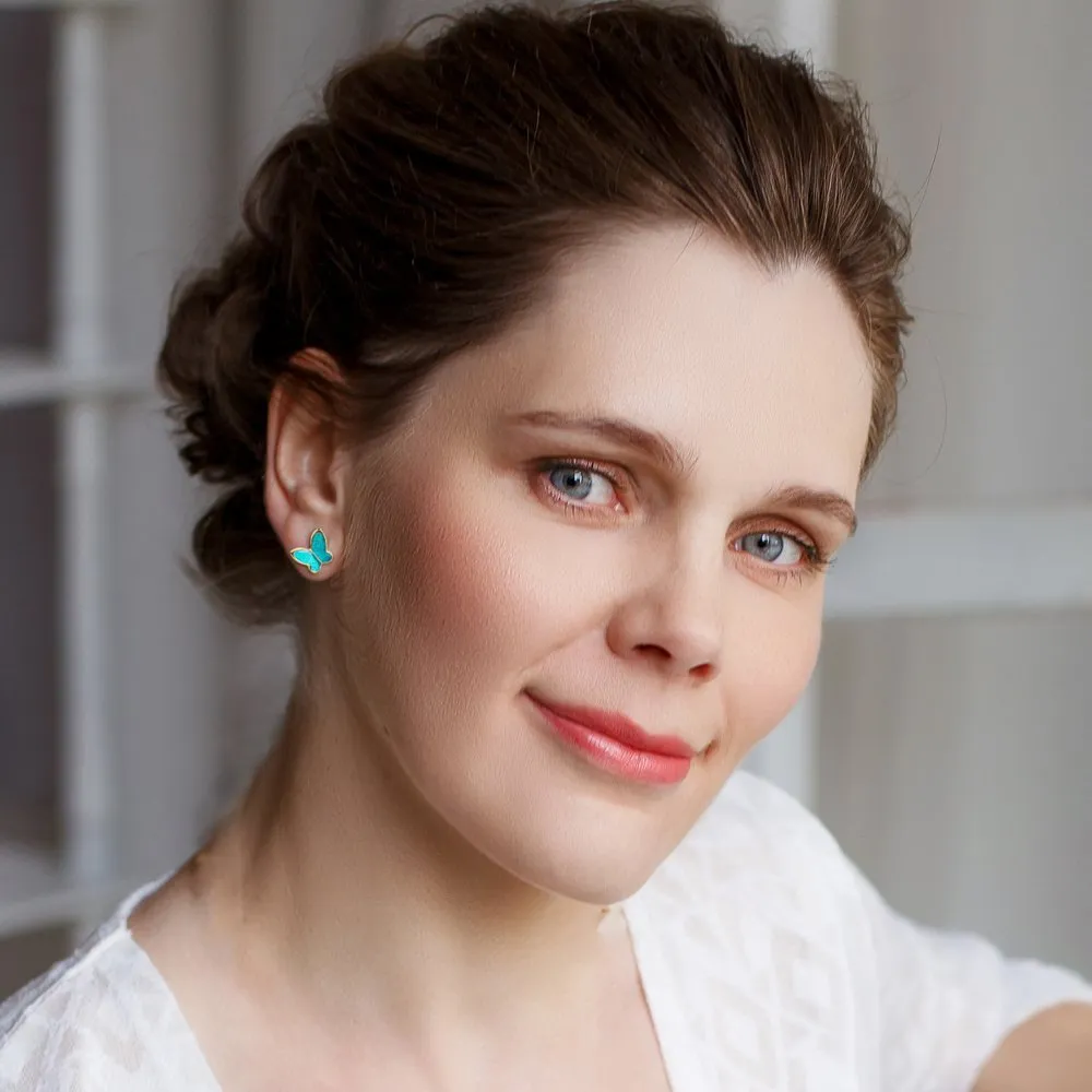 Classic Casual Small Stud Earrings for Women (Style N 26 - Sparkly Aqua Blue Butterfly Gold)
