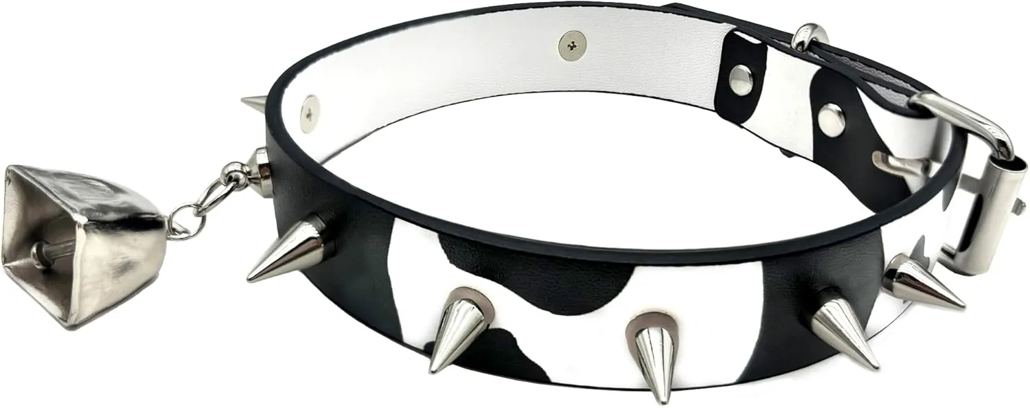 Classic Cow Print Bell Choker Collar Necklace for Women| Punk Gothic Letter Leather Spiked Rock Collar Jewelry Cow Cosplay Choker