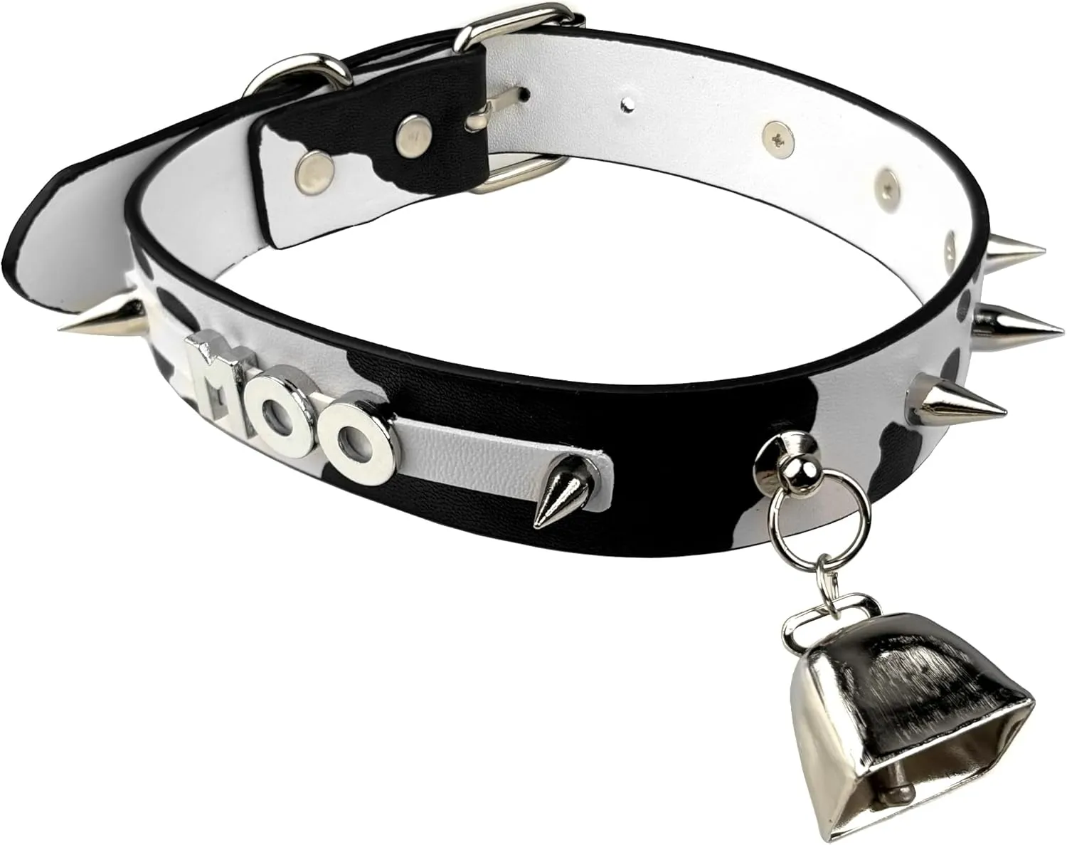 Classic Cow Print Bell Choker Collar Necklace for Women| Punk Gothic Letter Leather Spiked Rock Collar Jewelry Cow Cosplay Choker