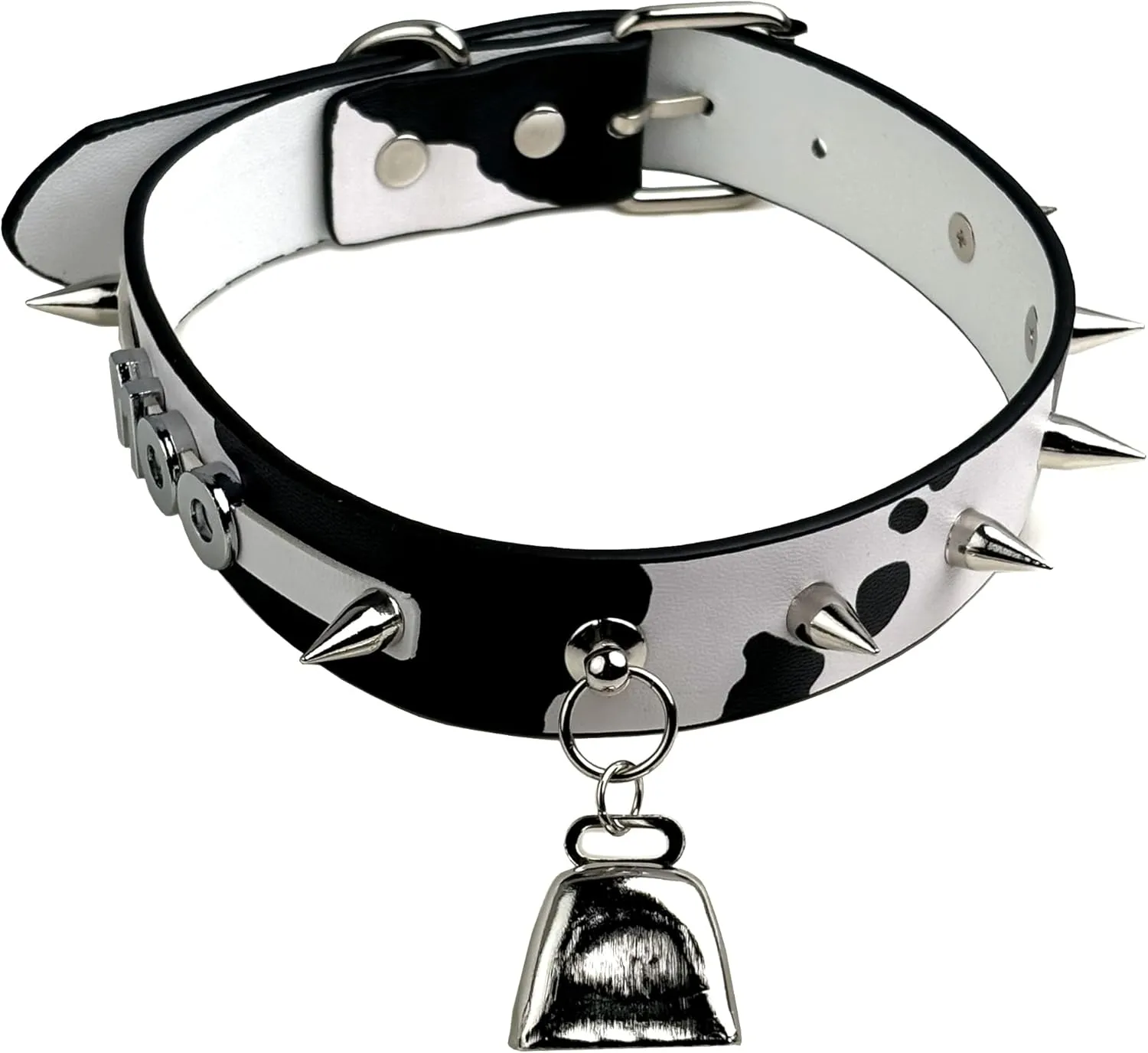 Classic Cow Print Bell Choker Collar Necklace for Women| Punk Gothic Letter Leather Spiked Rock Collar Jewelry Cow Cosplay Choker