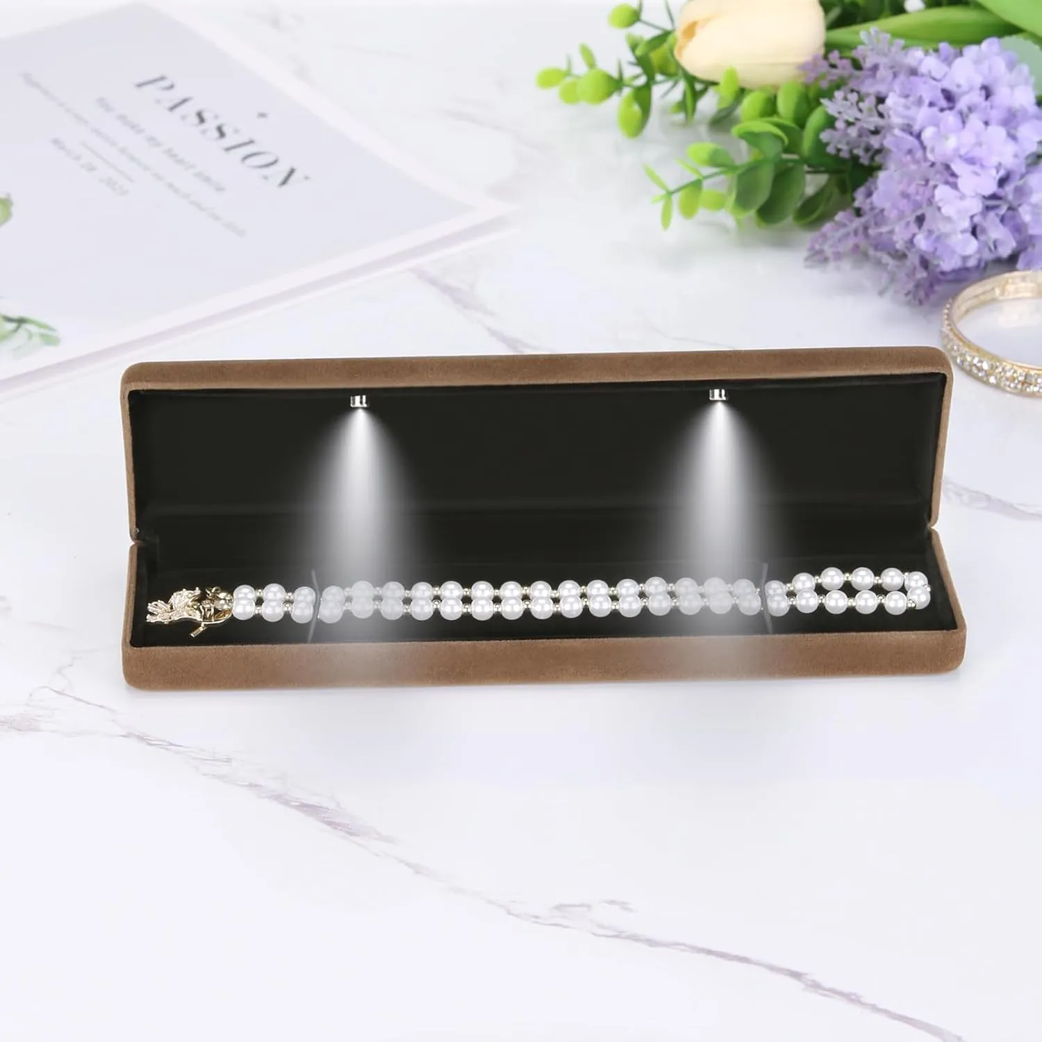 Classic Metal Glossy Jewelry Necklace Long Chain Gift Box with LED Light, Velvet Jewelry Pendant Storage Display Case for Proposal Engagement Wedding Anniversary Birthday Ceremony (Coffee)