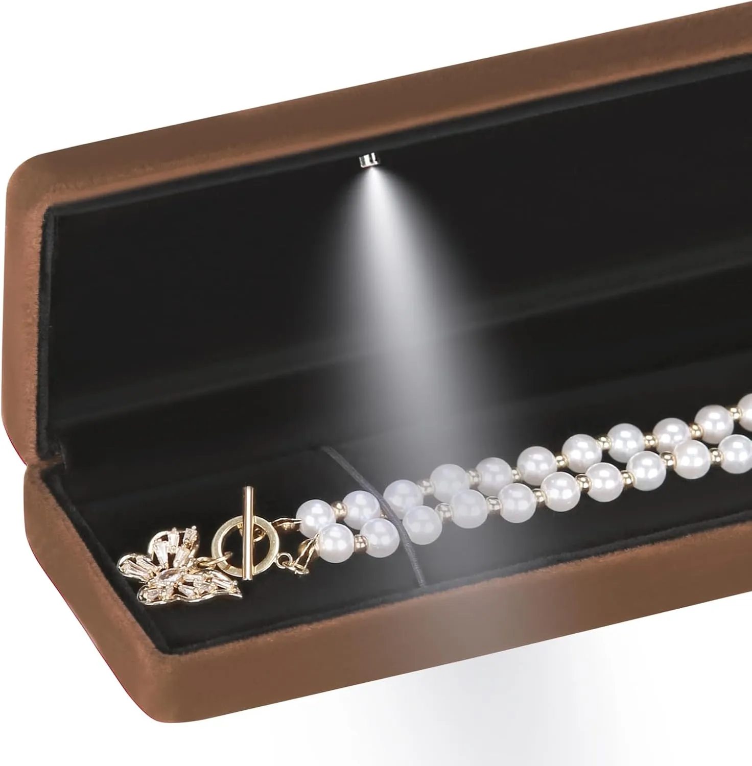 Classic Metal Glossy Jewelry Necklace Long Chain Gift Box with LED Light, Velvet Jewelry Pendant Storage Display Case for Proposal Engagement Wedding Anniversary Birthday Ceremony (Coffee)