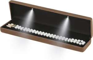 Classic Metal Glossy Jewelry Necklace Long Chain Gift Box with LED Light, Velvet Jewelry Pendant Storage Display Case for Proposal Engagement Wedding Anniversary Birthday Ceremony (Coffee)