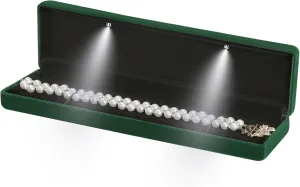 Classic Metal Glossy Jewelry Necklace Long Chain Gift Box with LED Light, Velvet Jewelry Pendant Storage Display Case for Proposal Engagement Wedding Anniversary Birthday Ceremony (Green)