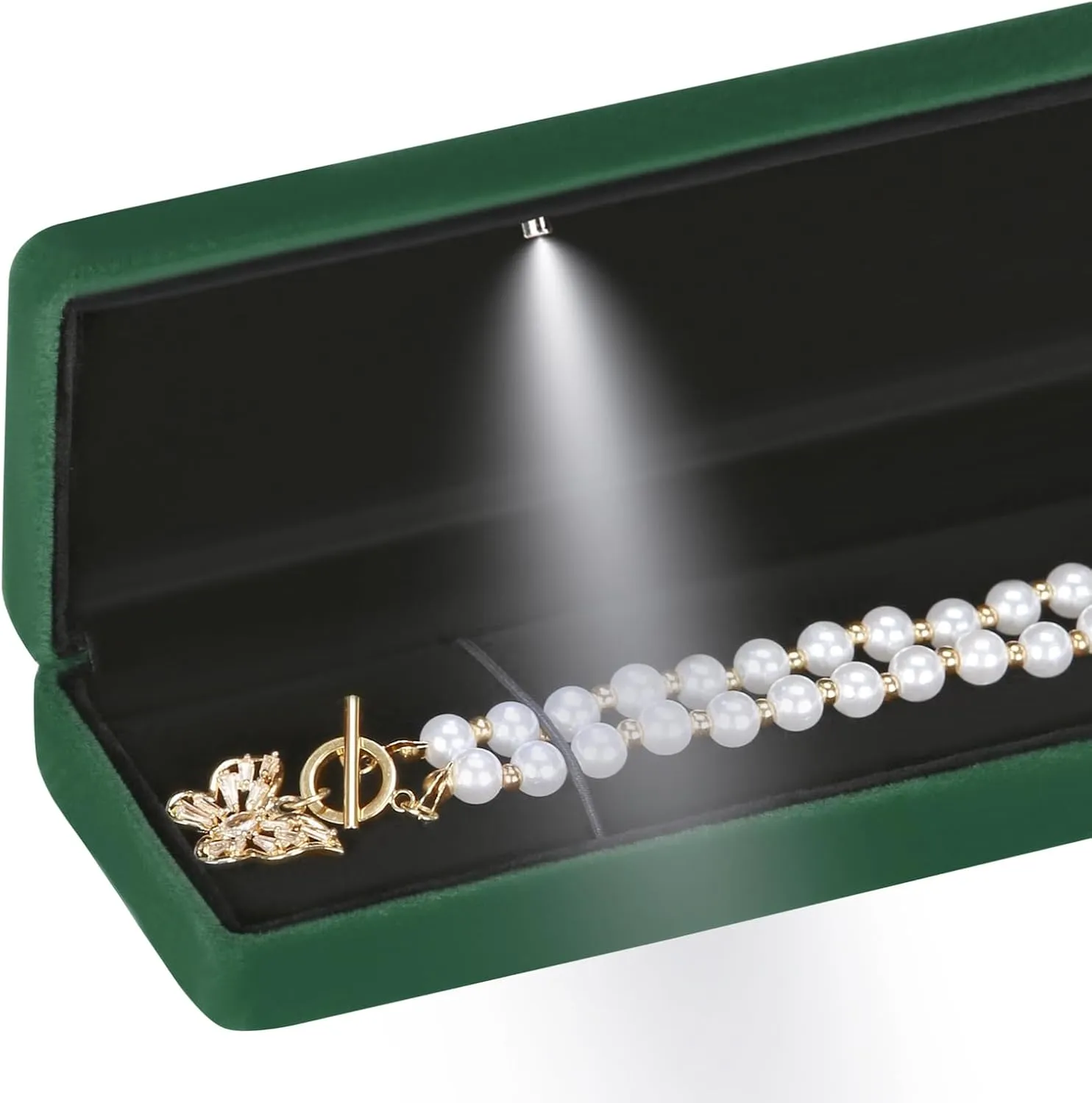 Classic Metal Glossy Jewelry Necklace Long Chain Gift Box with LED Light, Velvet Jewelry Pendant Storage Display Case for Proposal Engagement Wedding Anniversary Birthday Ceremony (Green)