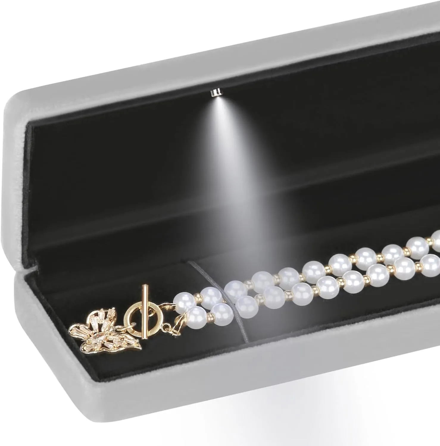 Classic Metal Glossy Jewelry Necklace Long Chain Gift Box with LED Light, Velvet Jewelry Pendant Storage Display Case for Proposal Engagement Wedding Anniversary Birthday Ceremony (Grey)