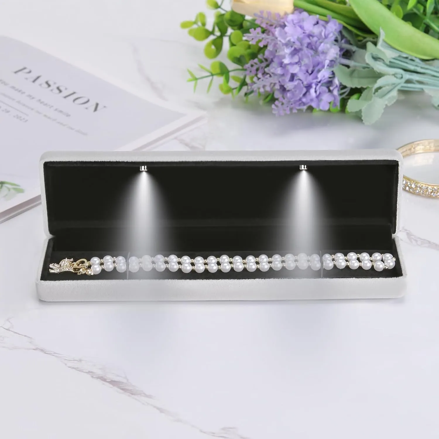 Classic Metal Glossy Jewelry Necklace Long Chain Gift Box with LED Light, Velvet Jewelry Pendant Storage Display Case for Proposal Engagement Wedding Anniversary Birthday Ceremony (Grey)