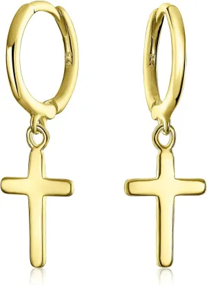 Classic Simple Cuff Drop Dangle Religious Cross Earrings For Women Teen Lever Back Fish Hook Gold Plated .925 Sterling Silver