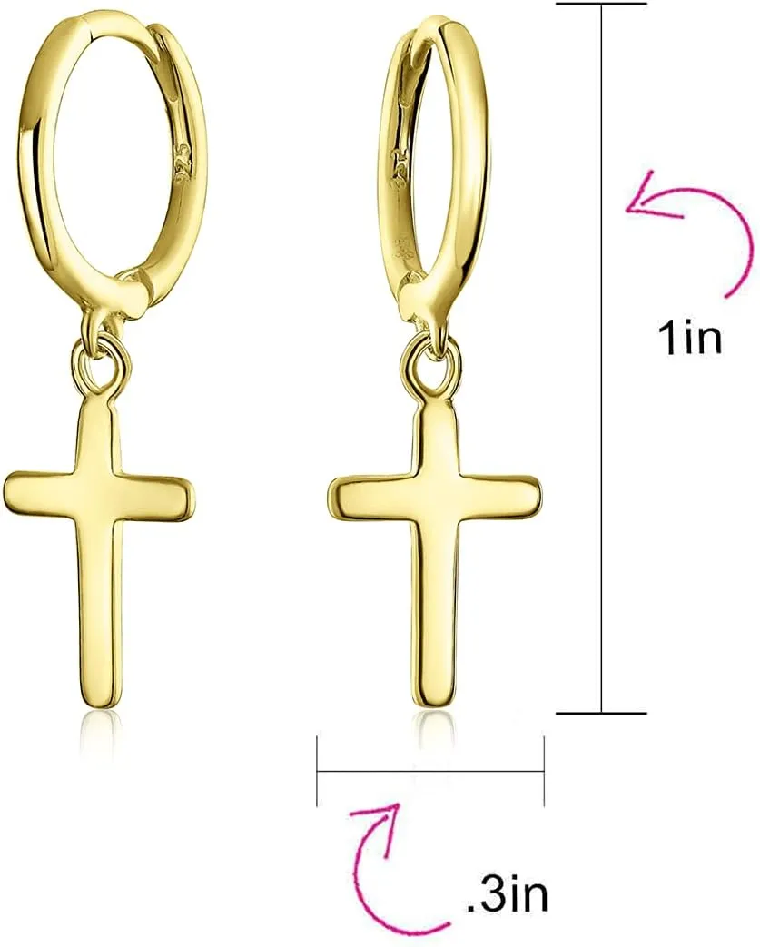 Classic Simple Cuff Drop Dangle Religious Cross Earrings For Women Teen Lever Back Fish Hook Gold Plated .925 Sterling Silver