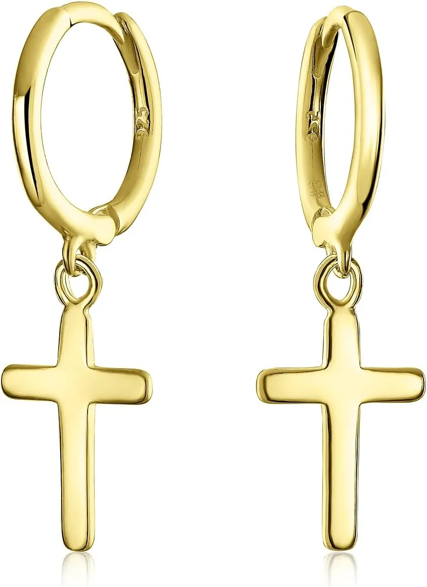 Classic Simple Cuff Drop Dangle Religious Cross Earrings For Women Teen Lever Back Fish Hook Gold Plated .925 Sterling Silver