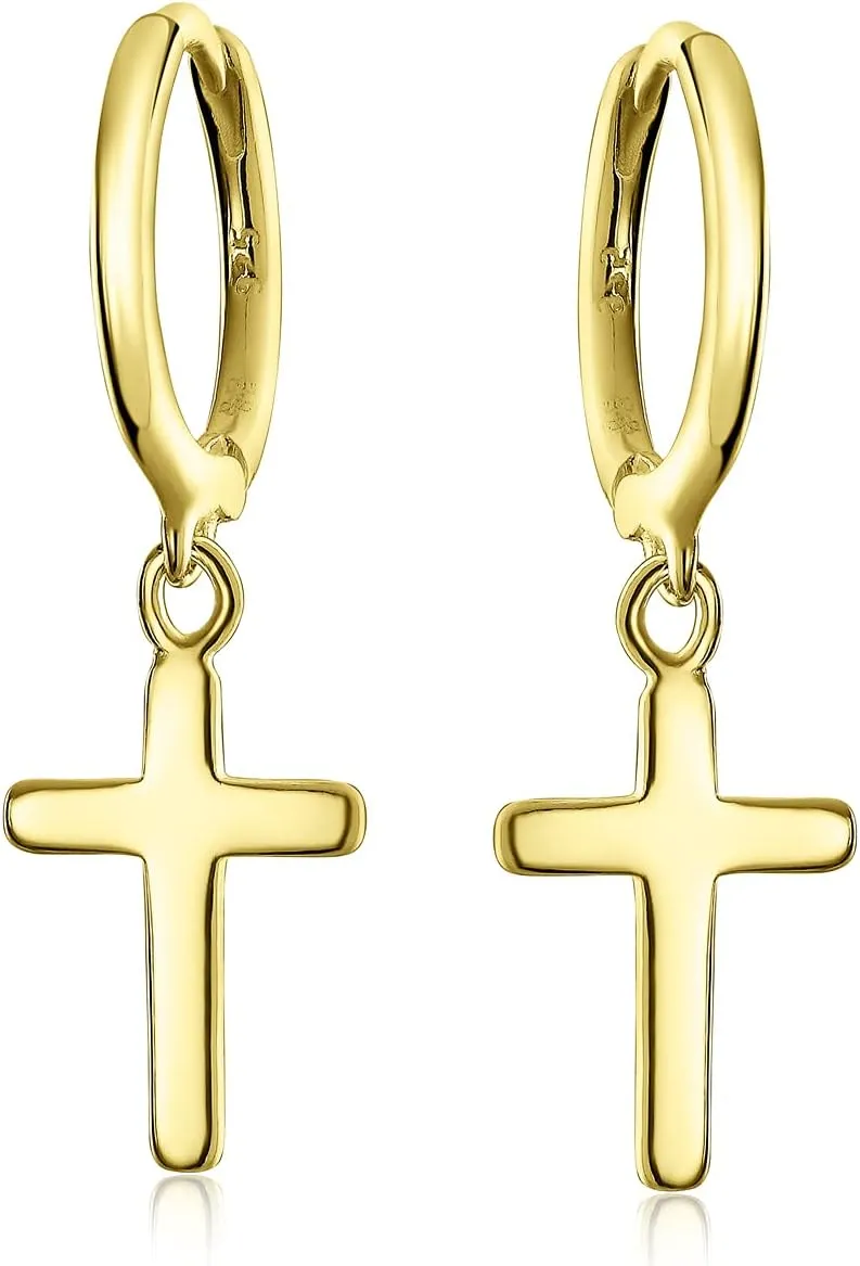 Classic Simple Cuff Drop Dangle Religious Cross Earrings For Women Teen Lever Back Fish Hook Gold Plated .925 Sterling Silver