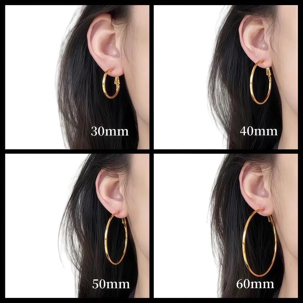 Classic Stainless Steel Hoop Earrings, Lightweight Round Design, Hypoallergenic Drop Earrings for Women, 30mm,40mm,50mm,60mm