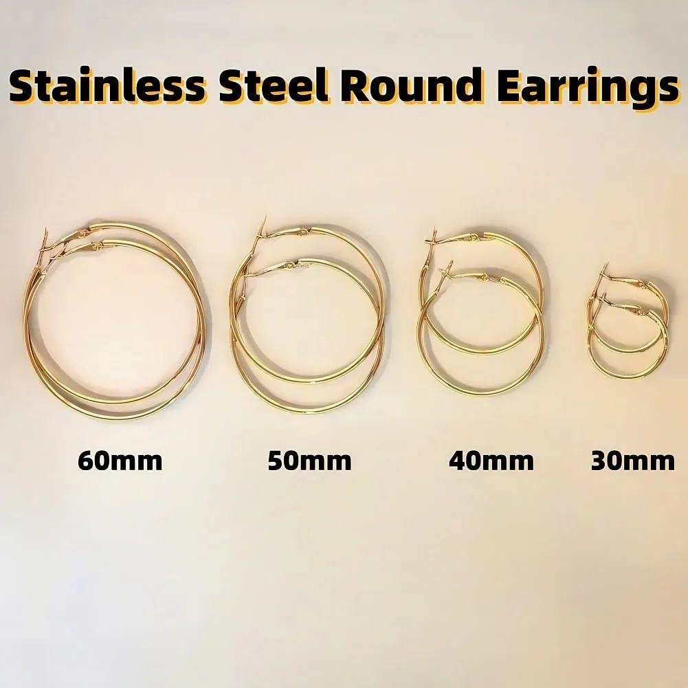 Classic Stainless Steel Hoop Earrings, Lightweight Round Design, Hypoallergenic Drop Earrings for Women, 30mm,40mm,50mm,60mm