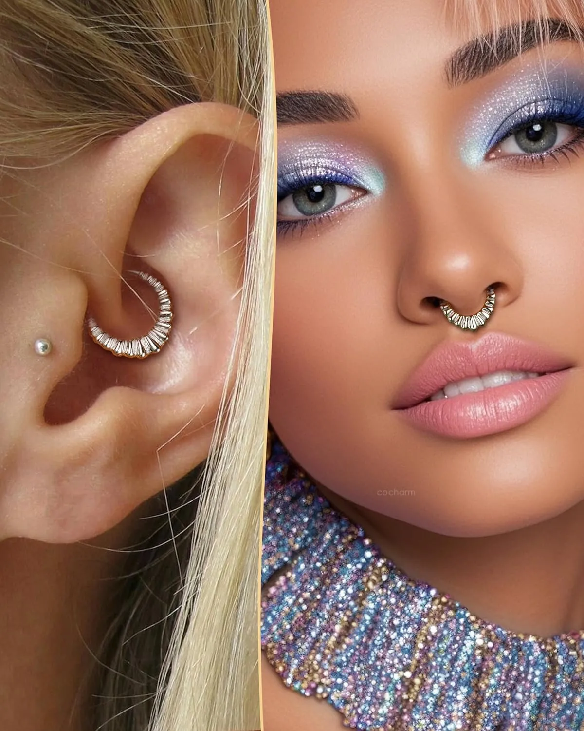 COCHARM V-Shaped Striped Septum Rings,16G Septum Jewelry, Stainless Steel Helix Daith Earrings for Women, Helix Daith Piercing Jewelry