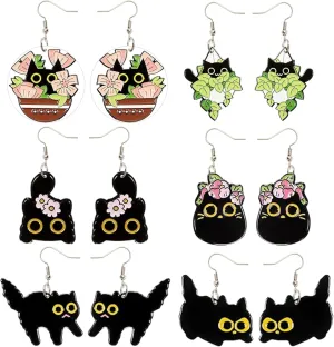 Coiris 6 Pairs Black Cat Earrings For Women Fun Anime Cat Halloween Cute Earrings Gift For Women