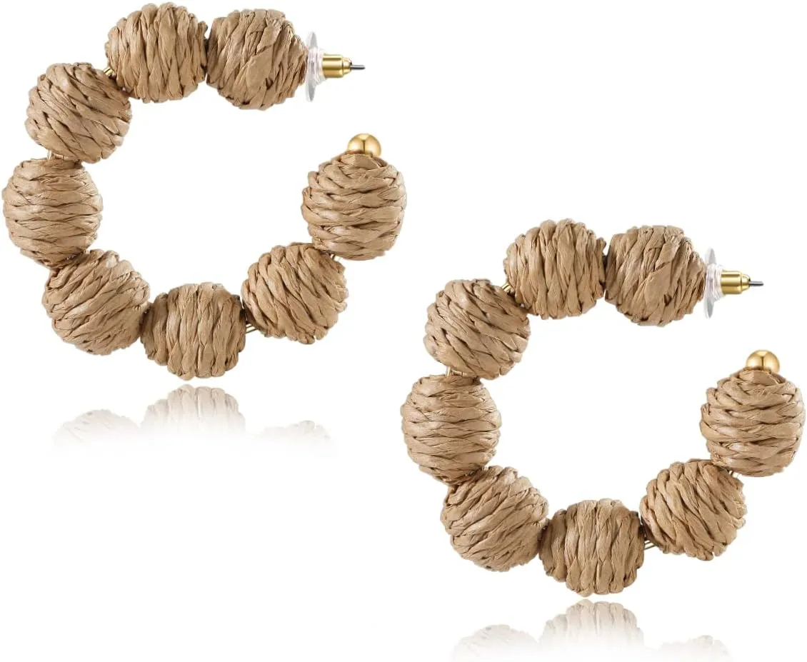 Colorful Statement Raffia Hoop Dangle Earrings for Women - Fun Summer Rattan Beach Vacation Jewelry Teacher Gifts