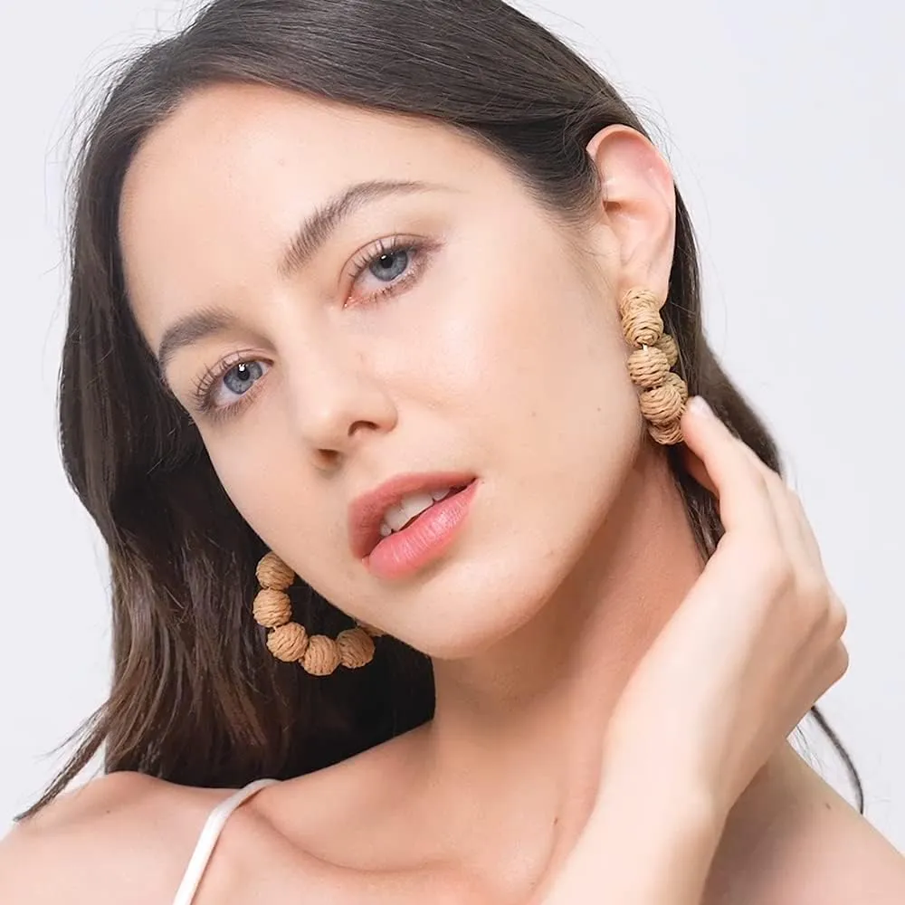 Colorful Statement Raffia Hoop Dangle Earrings for Women - Fun Summer Rattan Beach Vacation Jewelry Teacher Gifts
