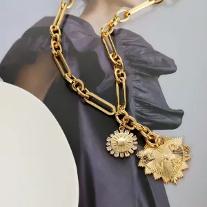 Common Luxury Sun Heart Pendant Choker Necklace for Women 18K Gold Plated Multi Pendants Chunky Chain Hip Hop Neutral Jewelry