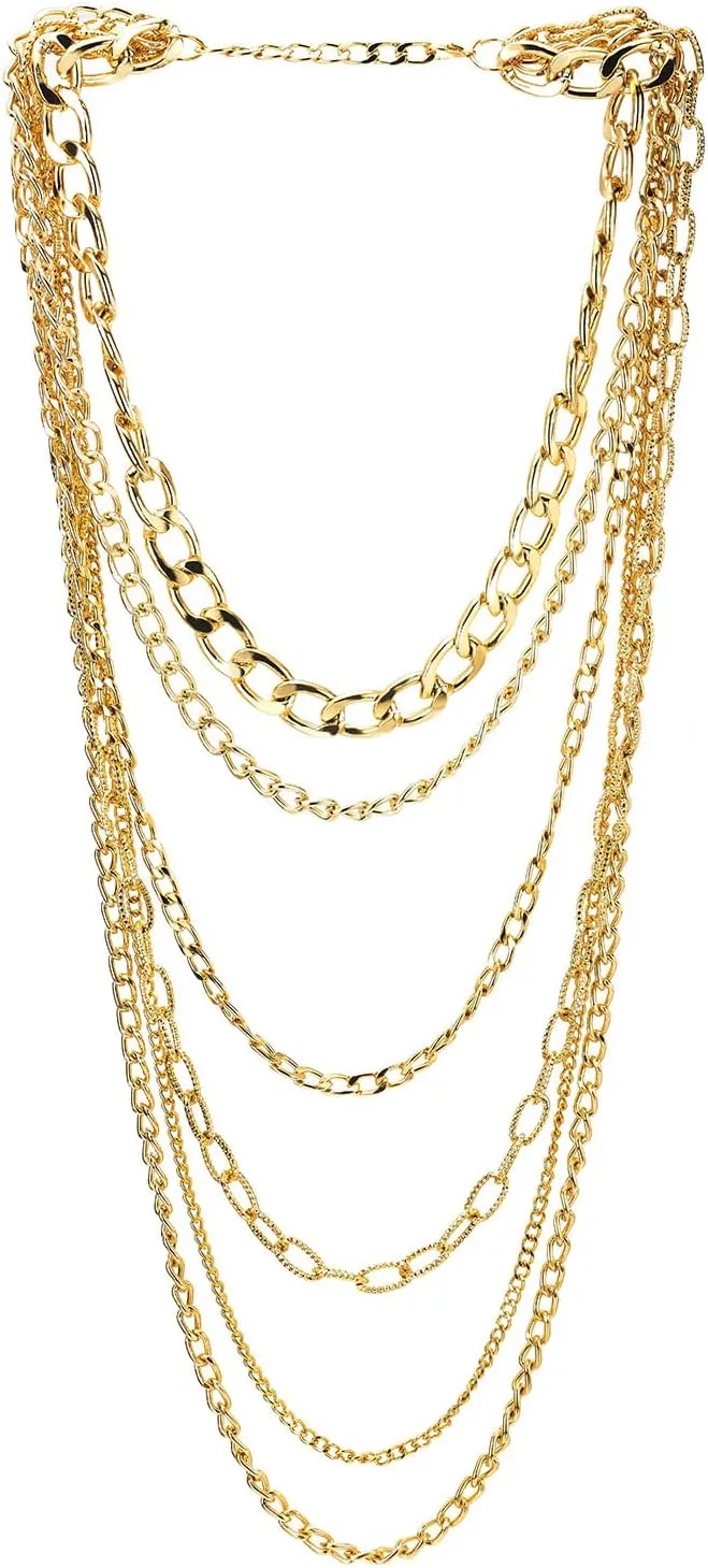 COOLSTEELANDBEYOND Statement Necklace Waterfall Multi-Strand Curb Link Rolo Chains, Punk Rock Cool, Light Weight