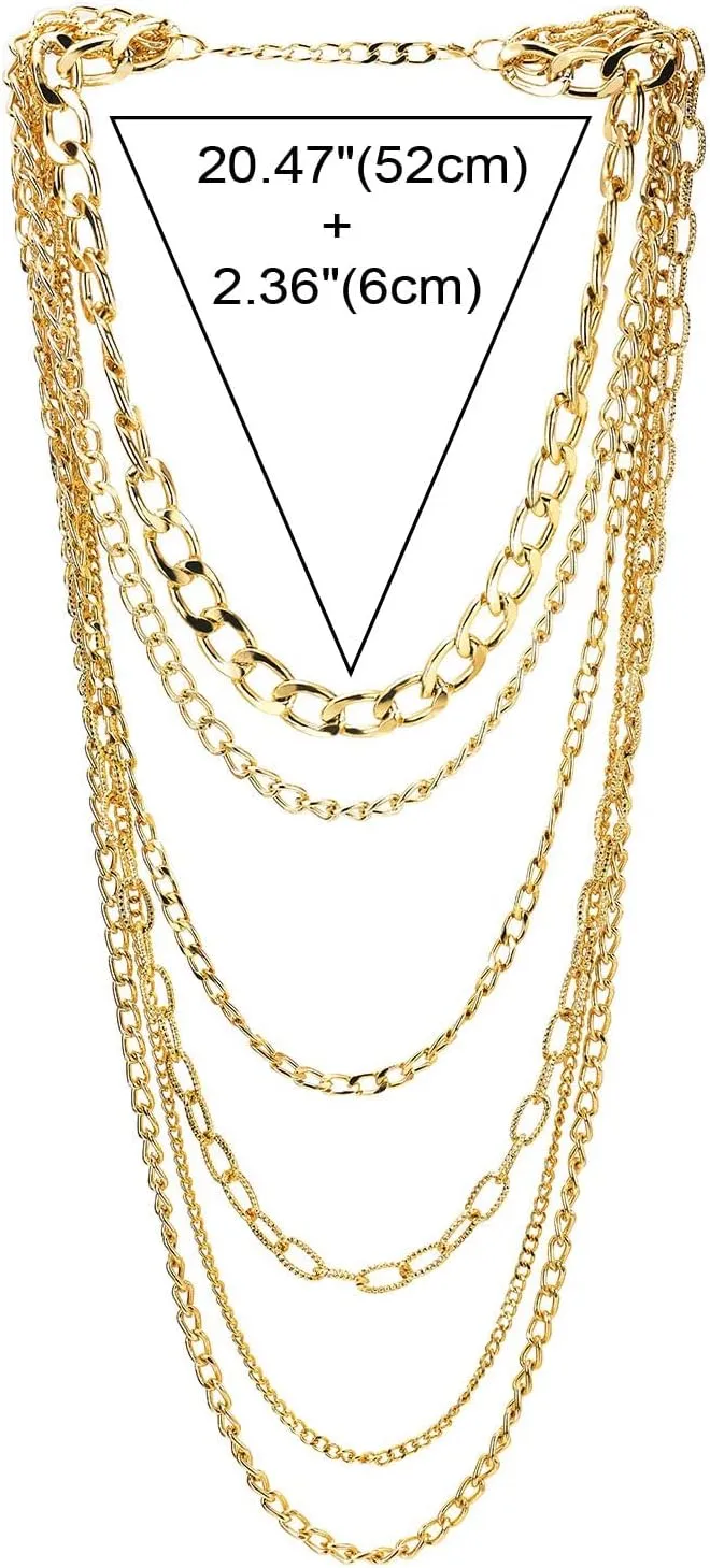 COOLSTEELANDBEYOND Statement Necklace Waterfall Multi-Strand Curb Link Rolo Chains, Punk Rock Cool, Light Weight