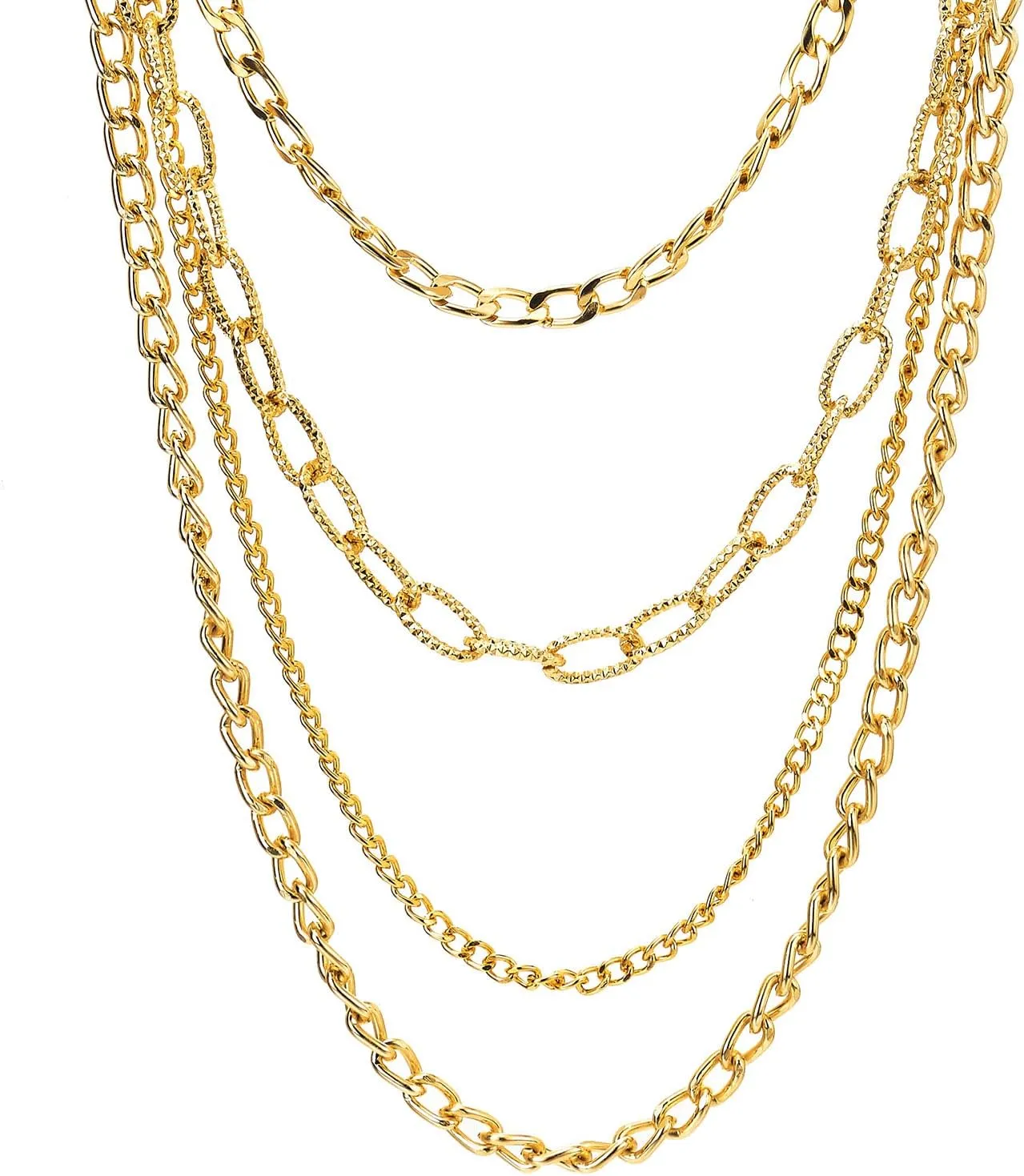 COOLSTEELANDBEYOND Statement Necklace Waterfall Multi-Strand Curb Link Rolo Chains, Punk Rock Cool, Light Weight