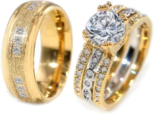 Couple Rings Matching Rings Yellow Gold Plated 1.5CT AAA CZ 2pcs Women Wedding Ring Sets for Him and Her Rings Men Band