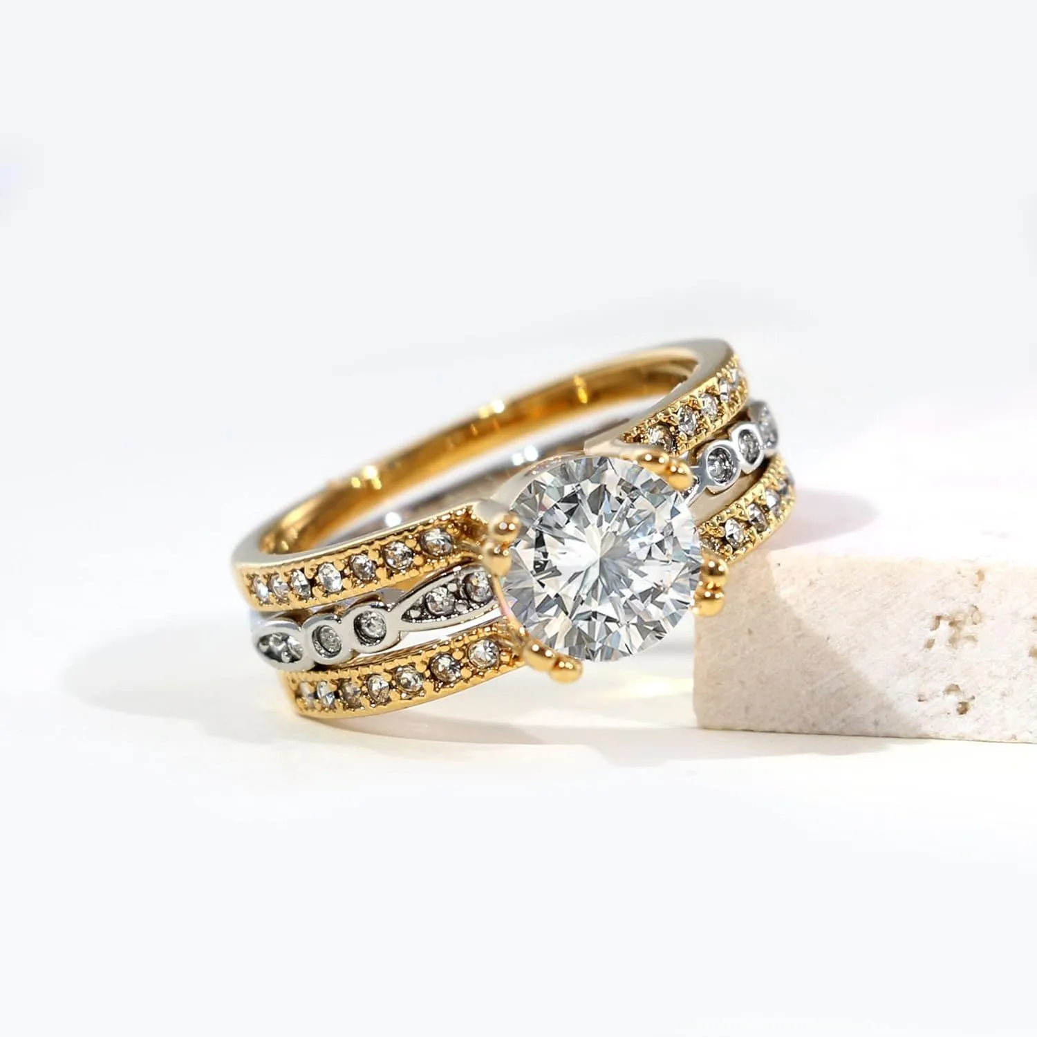 Couple Rings Matching Rings Yellow Gold Plated 1.5CT AAA CZ 2pcs Women Wedding Ring Sets for Him and Her Rings Men Band