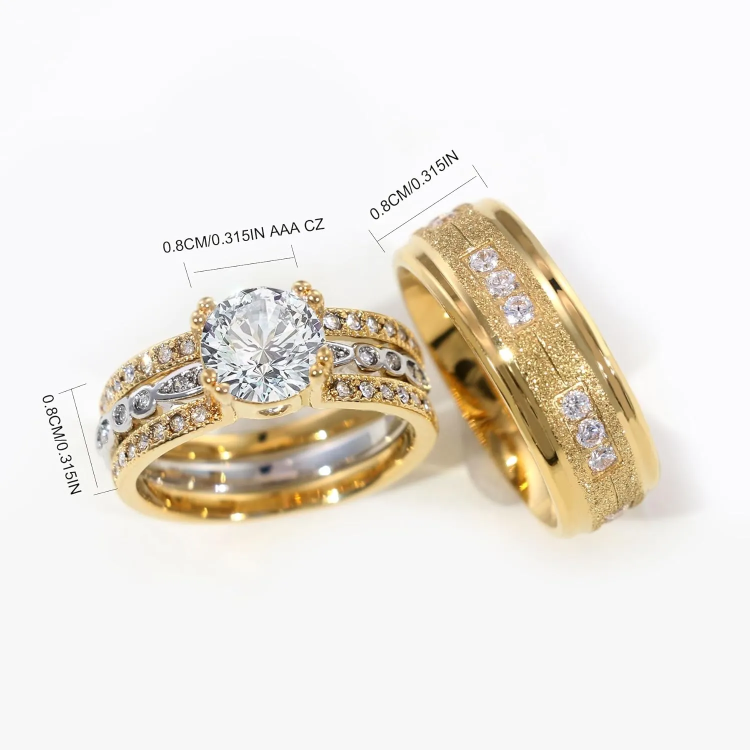 Couple Rings Matching Rings Yellow Gold Plated 1.5CT AAA CZ 2pcs Women Wedding Ring Sets for Him and Her Rings Men Band