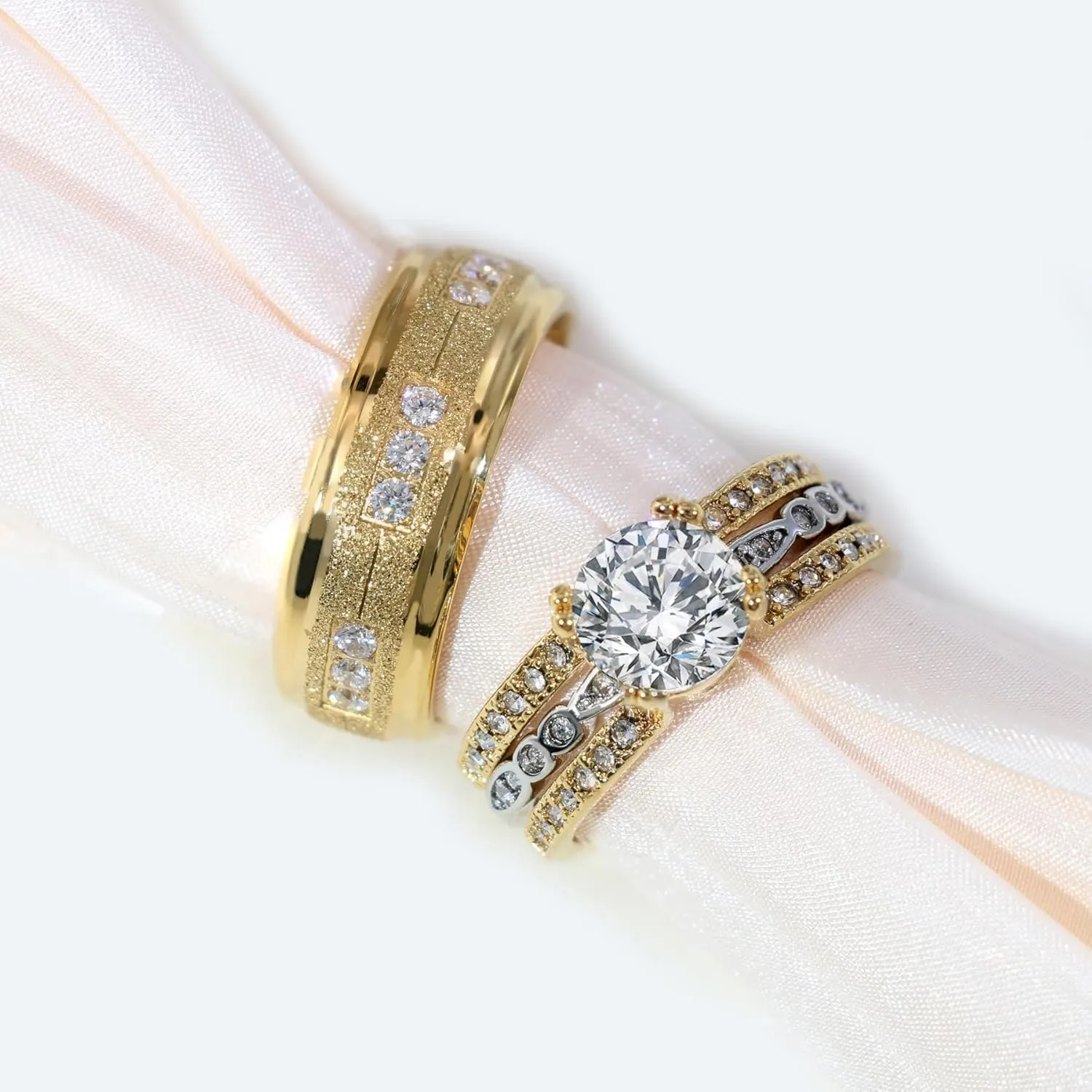 Couple Rings Matching Rings Yellow Gold Plated 1.5CT AAA CZ 2pcs Women Wedding Ring Sets for Him and Her Rings Men Band