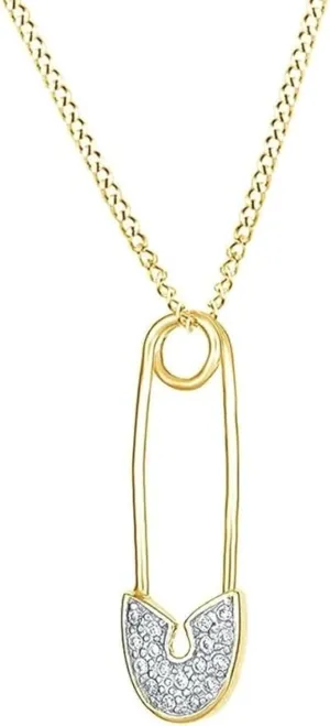 Created Real 925 Sterling Silver 14K Gold Plated Round Cut White Diamond Safety Pin Design Pendant Necklace Birthday Gift for Women