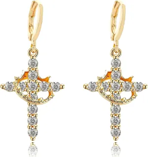 Cross Crown Hoop Earring for Women Diamond Jewelry for women Simple Dainty 14k Gold Cubic Zirconia Pendant Earring Tiny Gold Jewelry