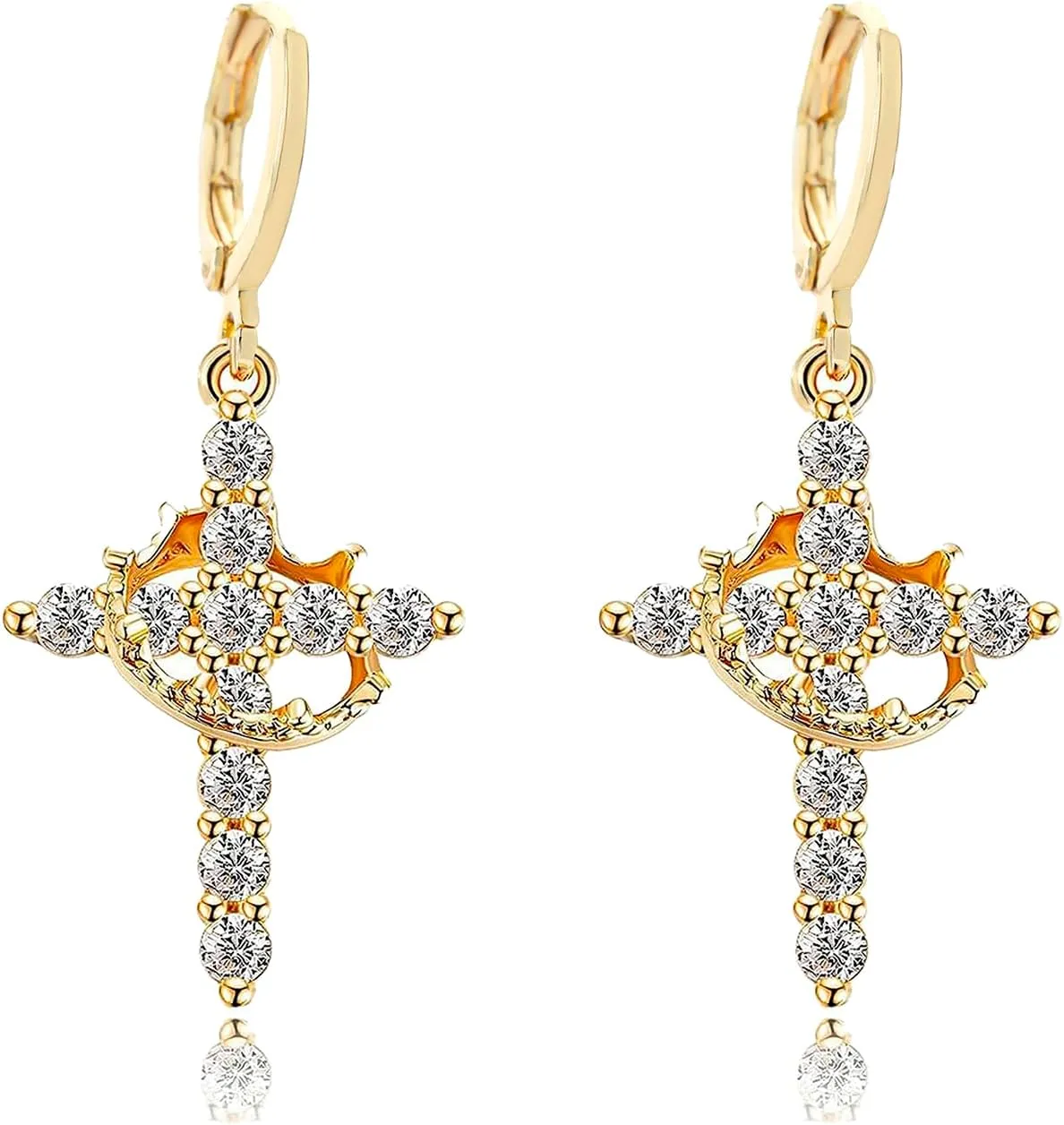 Cross Crown Hoop Earring for Women Diamond Jewelry for women Simple Dainty 14k Gold Cubic Zirconia Pendant Earring Tiny Gold Jewelry