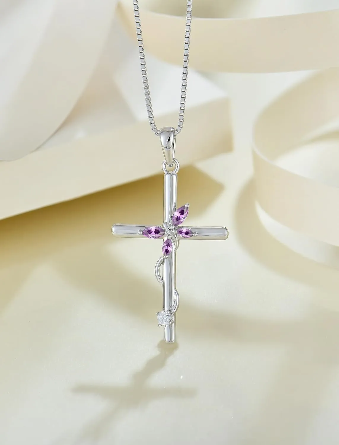 Cross Necklace for Women, 925 Sterling Silver Butterfly Cross Necklaces Birthstone Pendants Christian Crucifix Baptism Jewelry Gifts for Her