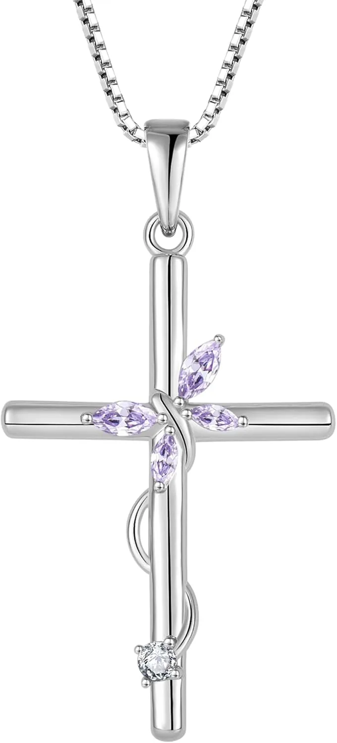 Cross Necklace for Women, 925 Sterling Silver Butterfly Cross Necklaces Birthstone Pendants Christian Crucifix Baptism Jewelry Gifts for Her
