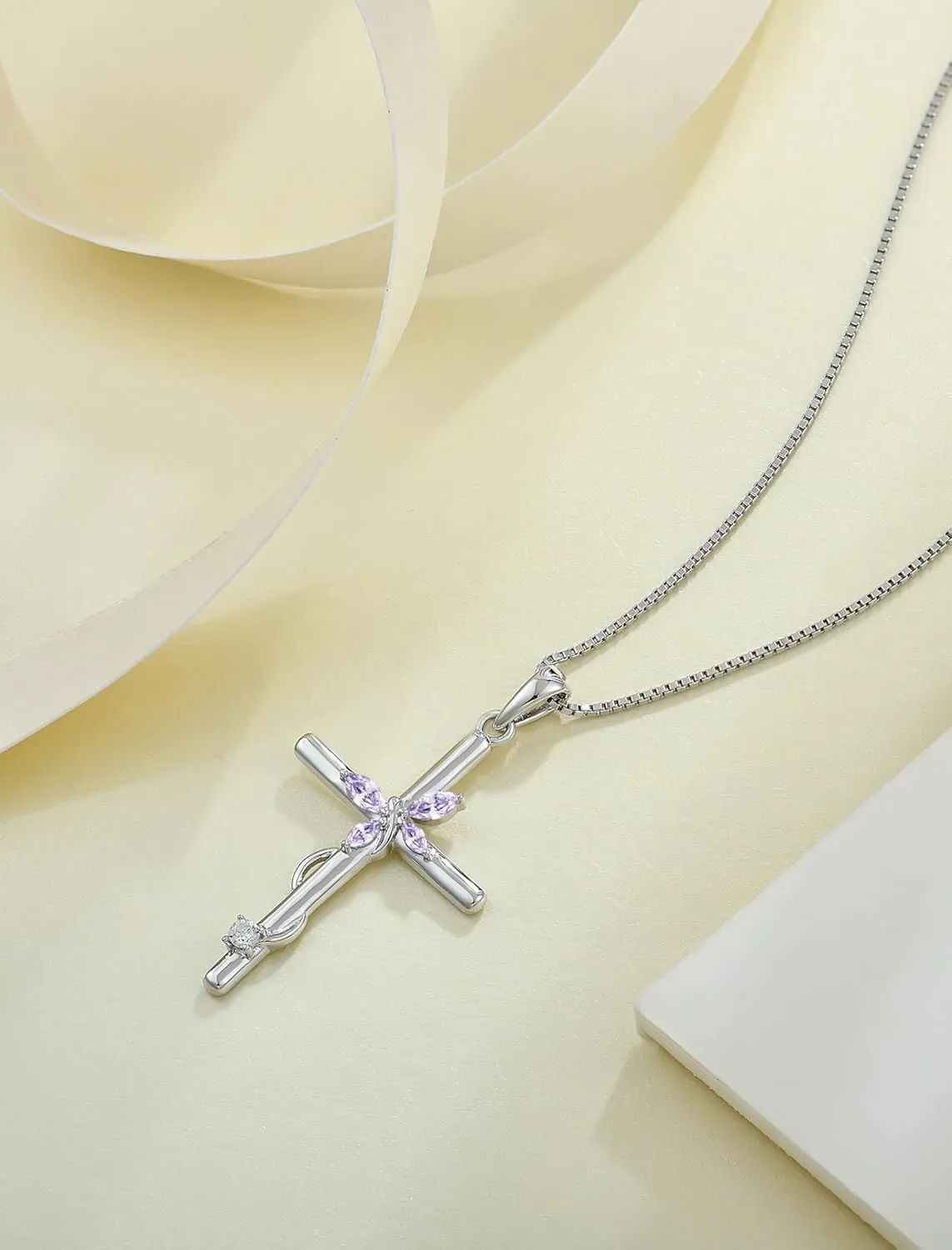 Cross Necklace for Women, 925 Sterling Silver Butterfly Cross Necklaces Birthstone Pendants Christian Crucifix Baptism Jewelry Gifts for Her
