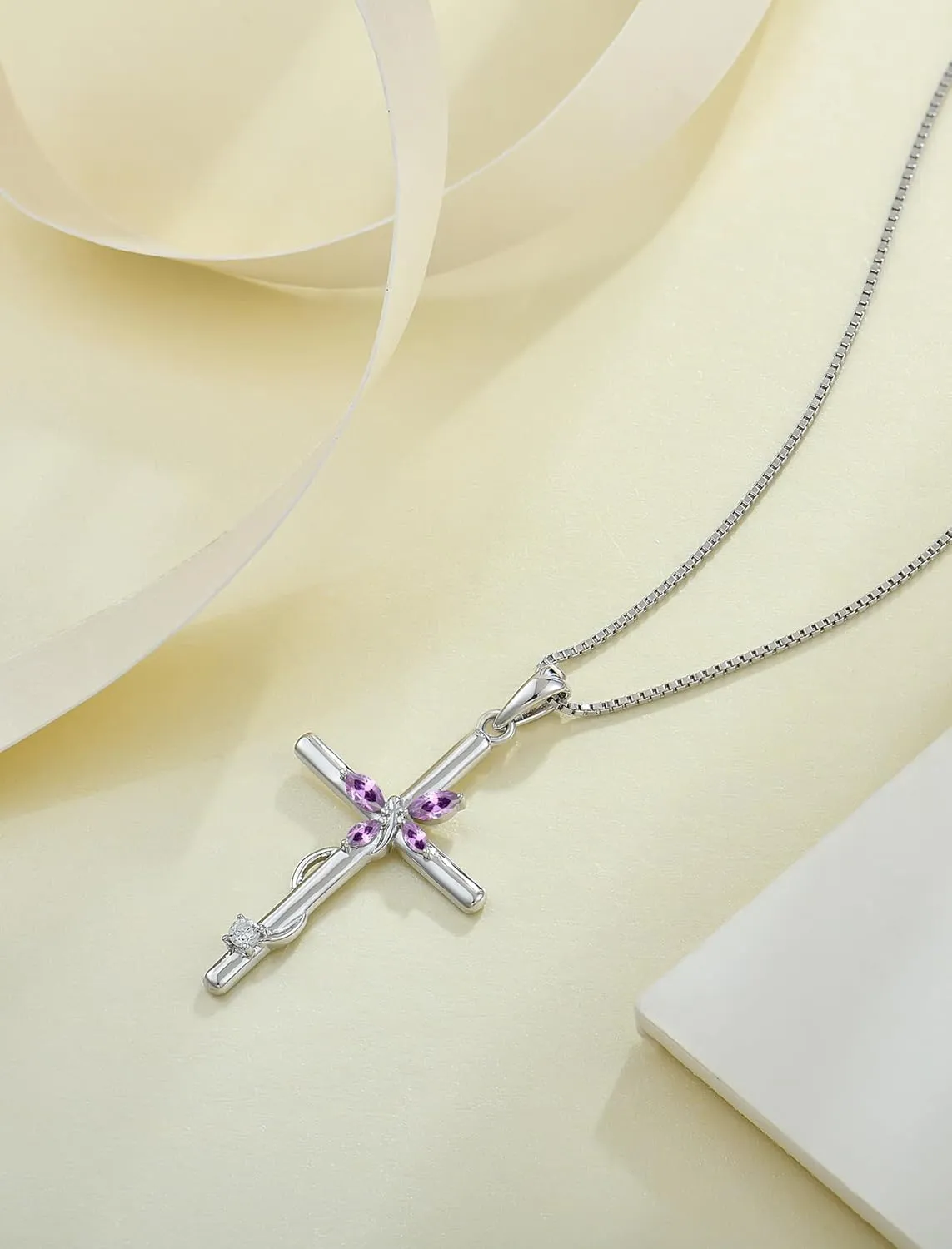 Cross Necklace for Women, 925 Sterling Silver Butterfly Cross Necklaces Birthstone Pendants Christian Crucifix Baptism Jewelry Gifts for Her